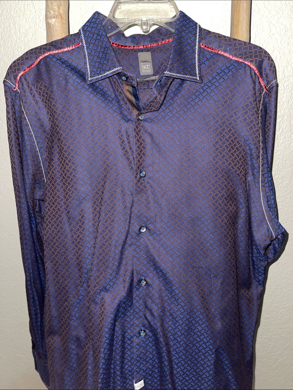 Ike Behar Navy Geometric-Pattern Dress Shirt with Red Accents